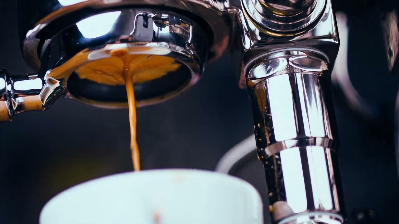 Espresso extracting from a naked portafilter into a white cup, golden crema visible